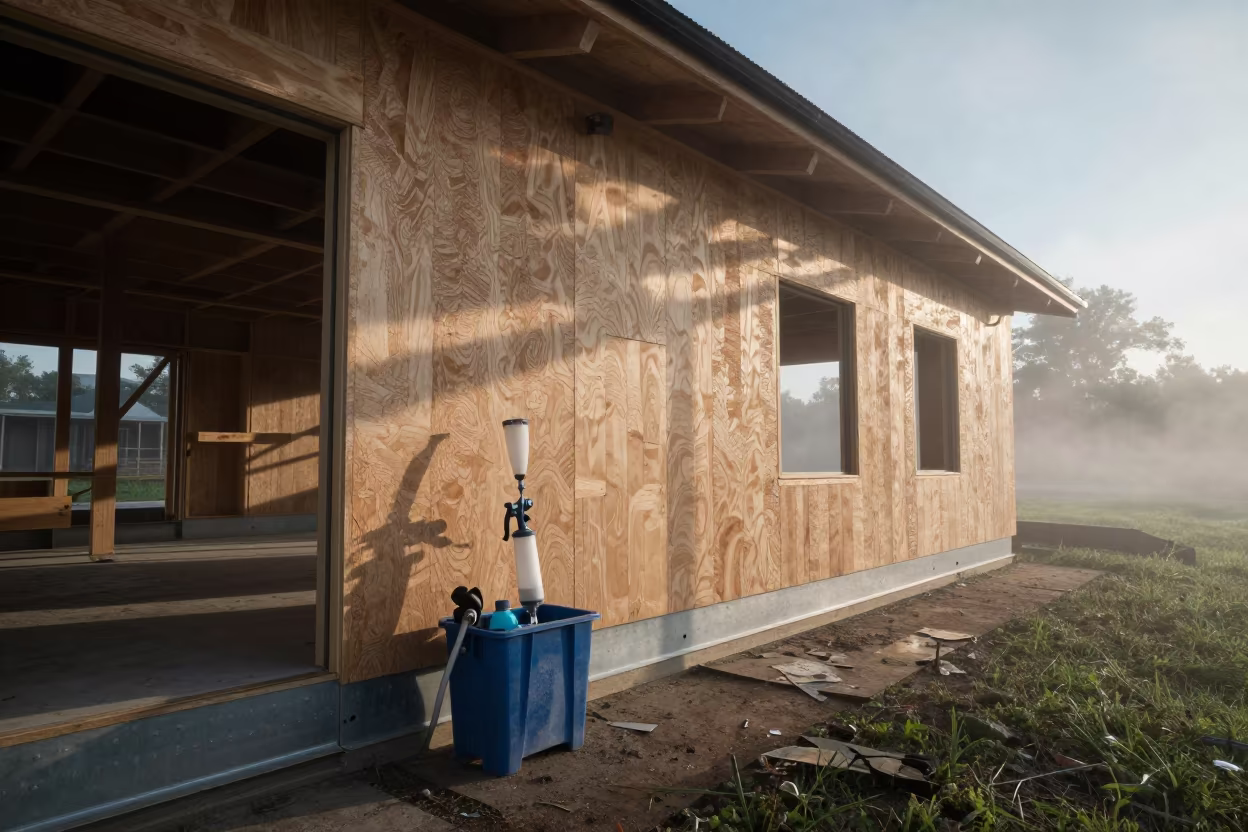 Spray Foam Gun Cleaner Bin in Indiana Monsoon Dawn in beside a framed building shell in Indiana