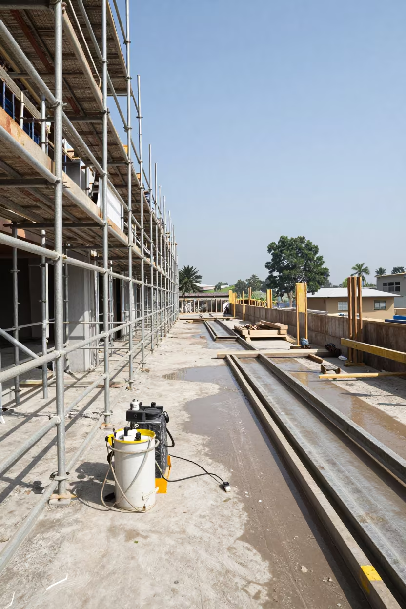 Spray Rack on Ilorin Construction Deck After Storm in on an active construction deck near Ilorin
