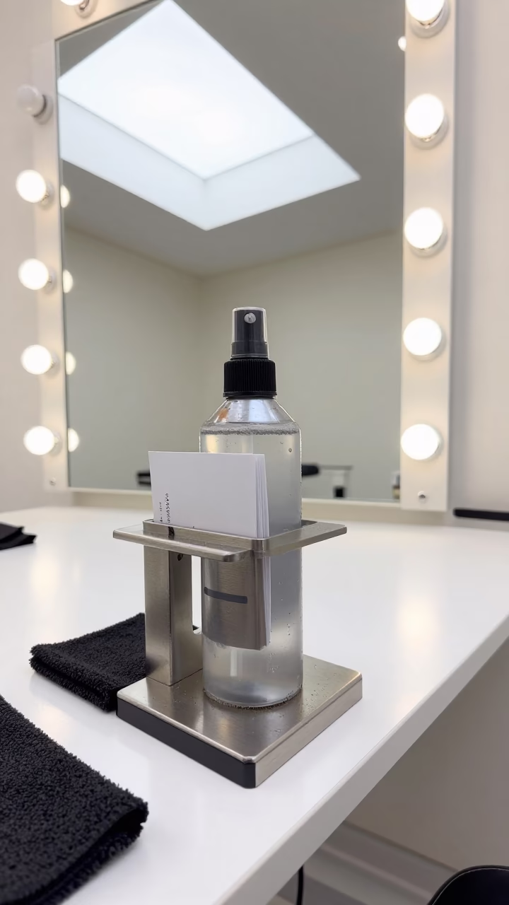 Spray Tan Solution Stand in Shanghai Barber Shop in at a barber station beneath mirror bulbs in Shanghai