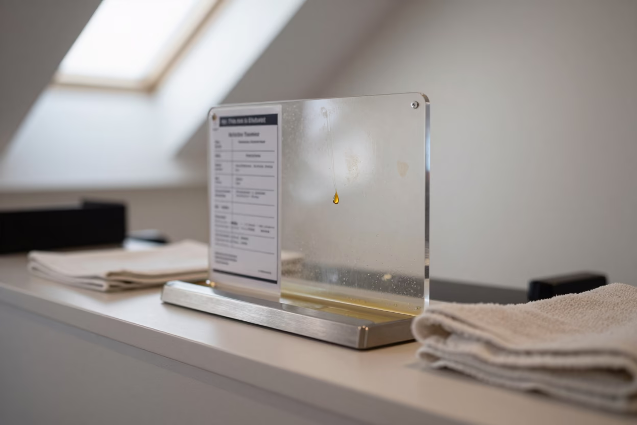 Spray Tan Stand with Residue on Salon Counter in at a salon reception counter near Banja Luka