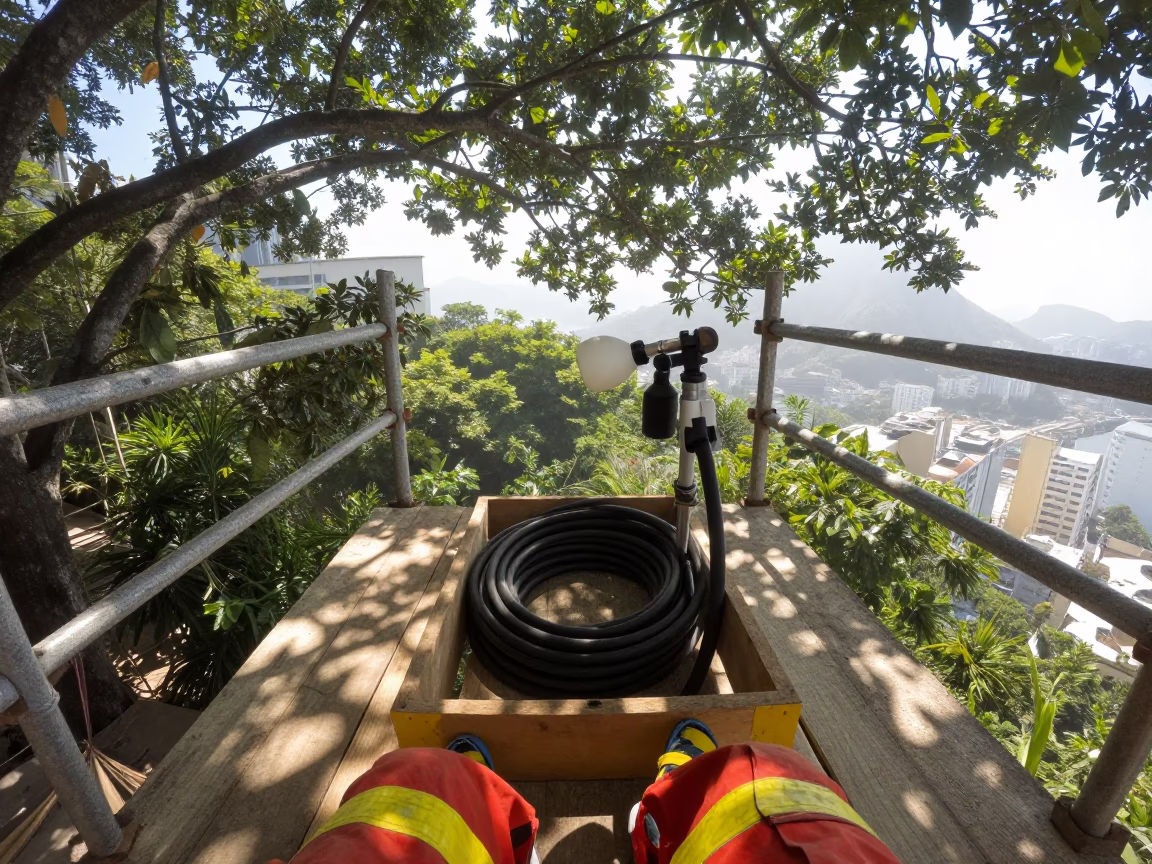 Sprayer Caddy on Scaffolded Rio Facade in along a scaffolded facade in Rio de Janeiro state
