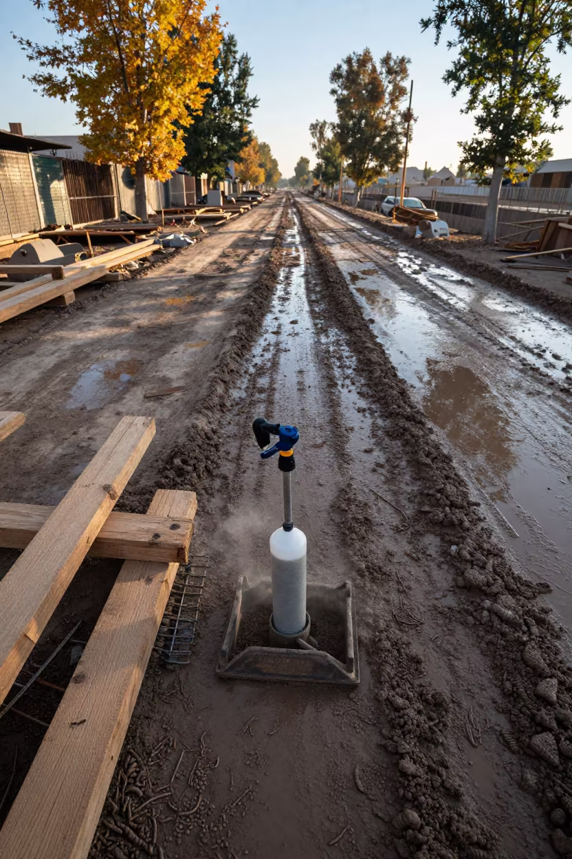 Sprayer Stand on Muddy Shorouk Road in at a muddy site access road in Shorouk