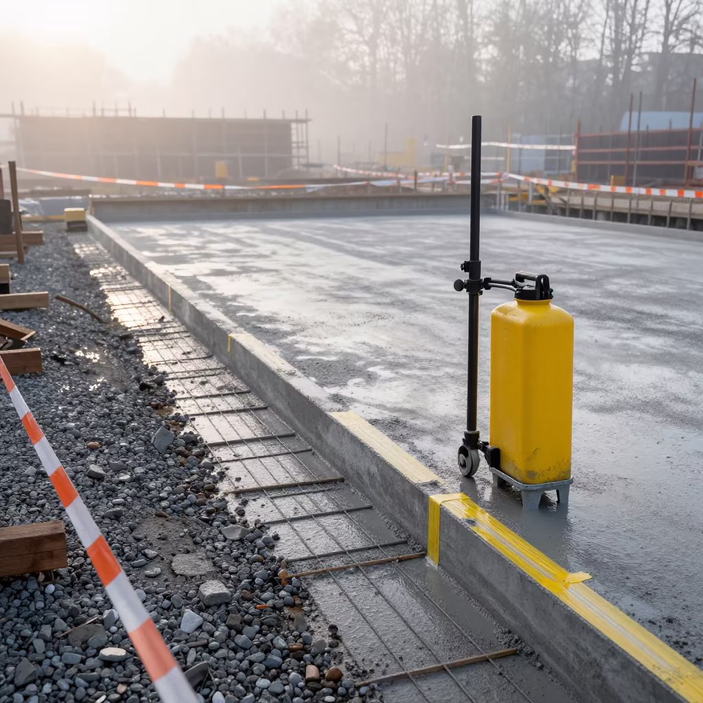 Sprayer Stand in Szczecin Morning Fog in inside a taped-off excavation edge in Szczecin