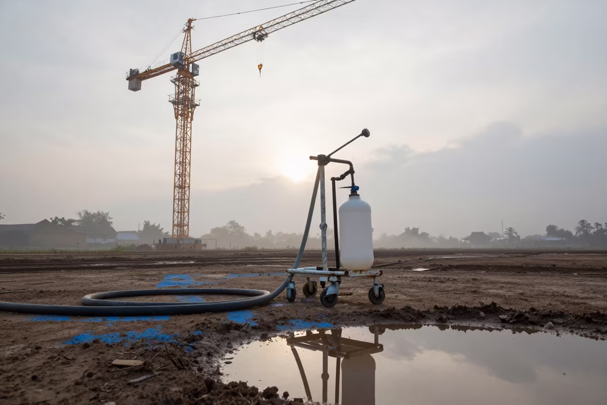 Sprayer Stand Under Crane Dawn Thailand in beneath a tower crane on open ground in Thailand