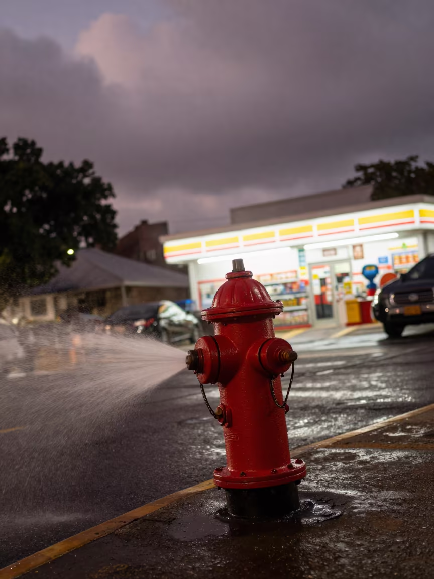Spraying Hydrant on Asphalt Before Dusk in outside a fluorescent convenience store in Spanish Town