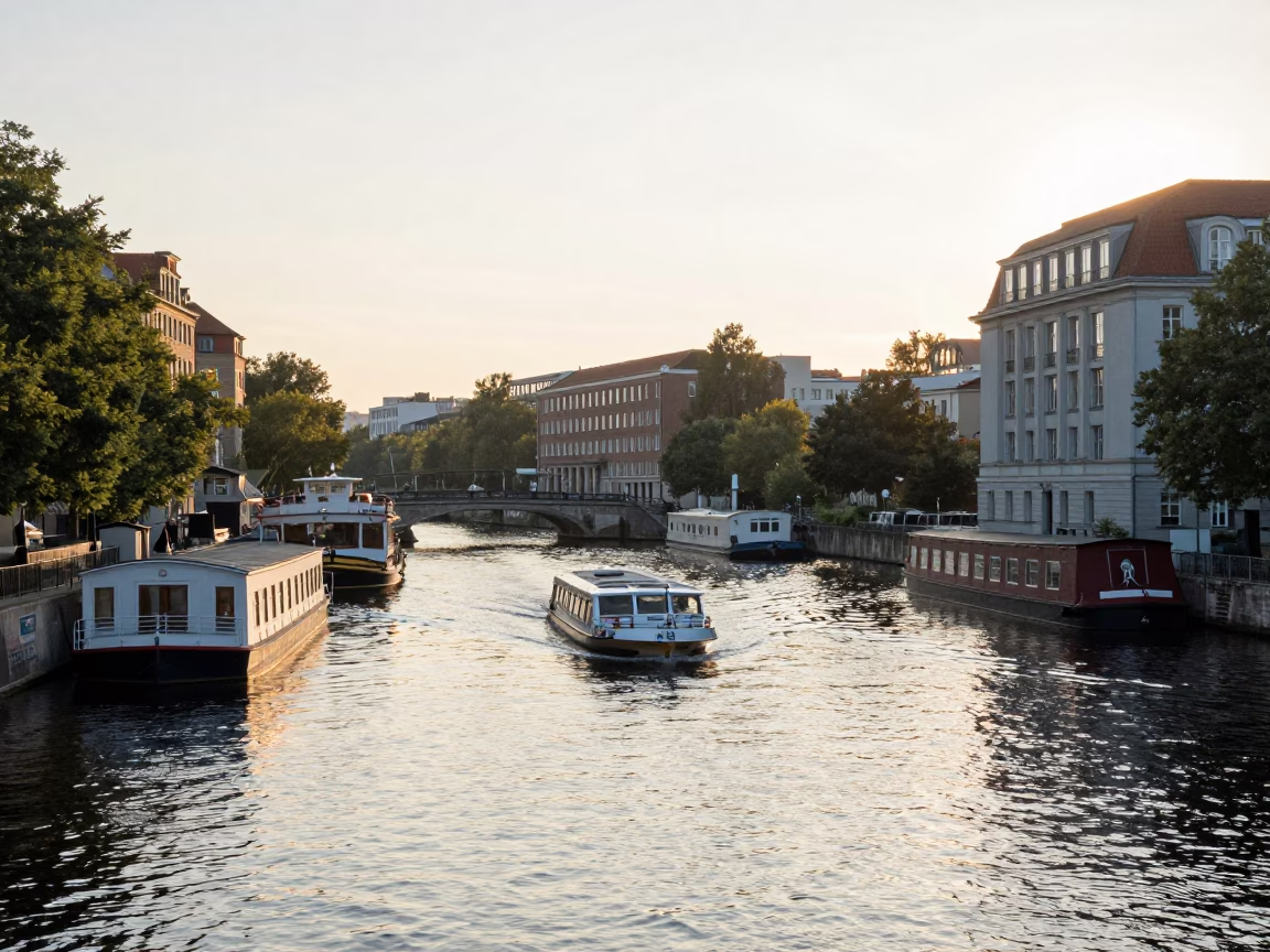 Spree River Water Taxi And Canal Houseboats just after sunrise in Berlin in in Berlin, Germany