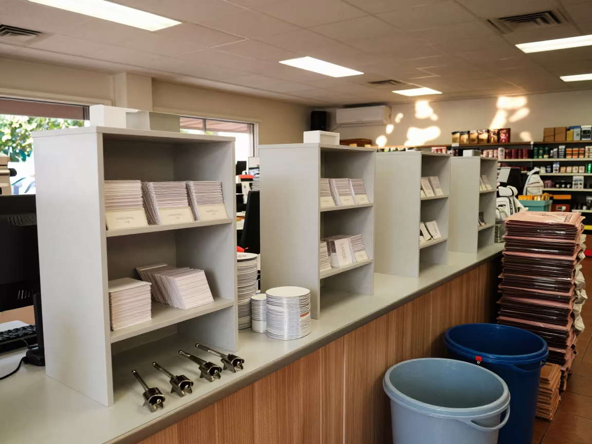 Spring Box Shelf Pusher on Retail Counter in at a cash wrap counter with bags stacked nearby in Ibb