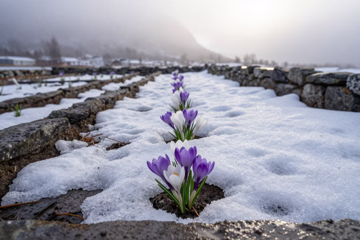 Spring Crocuses Push Through Snow in Norwegian Garden in among terraced garden plots in Norway