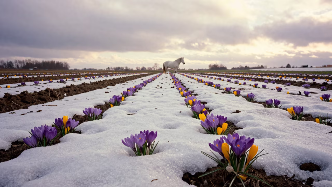Spring Crocuses in Snow Near Whitehorse in among terraced garden plots near Whitehorse
