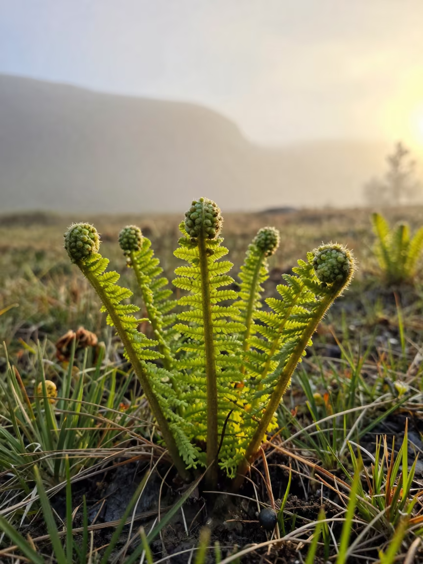 Spring Ferns Unfurling in Norwegian Mist in in a bloom-heavy meadow in Norway
