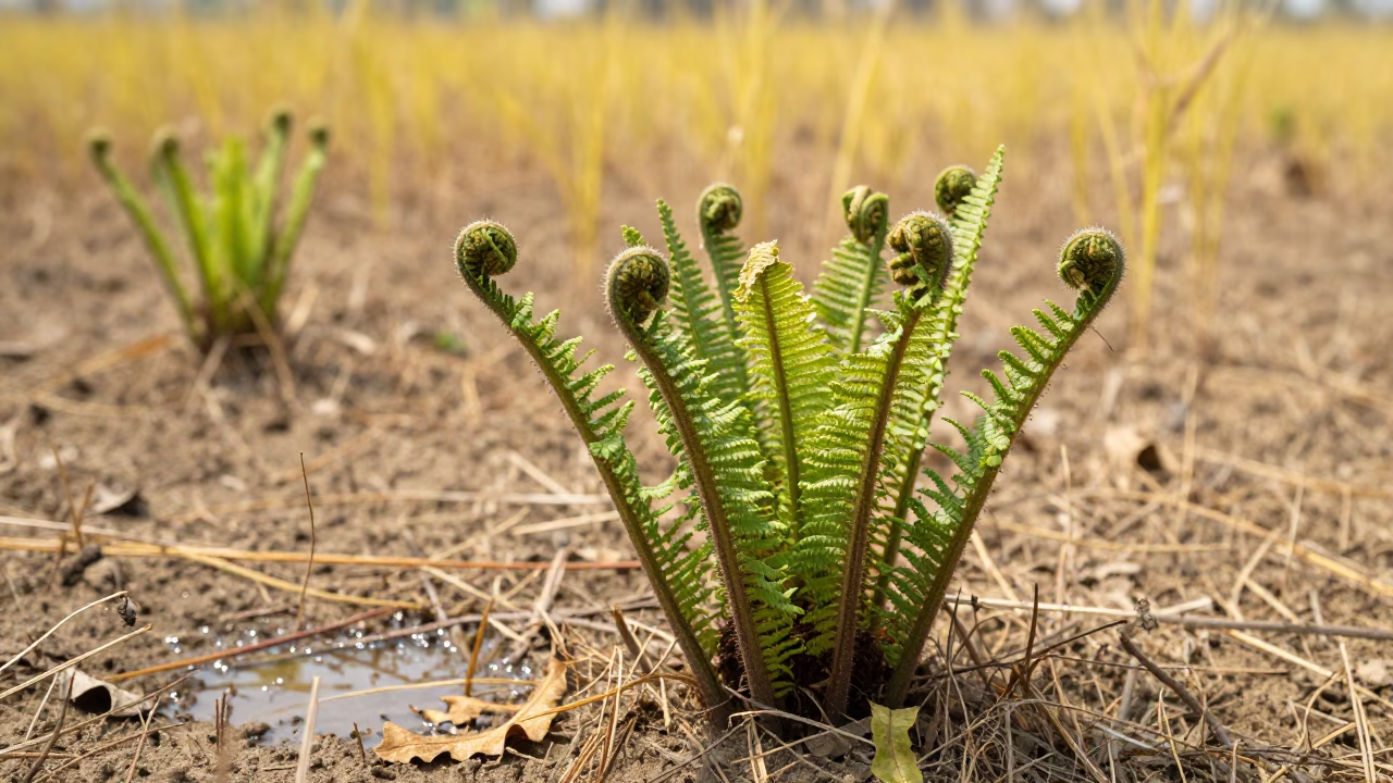 Spring Ferns Unfurling in West Bengal Meadow in in a bloom-heavy meadow in West Bengal