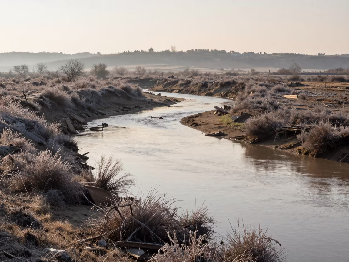 Spring Flood Debris Swollen River Cagliari in across a floodplain after rain near Cagliari