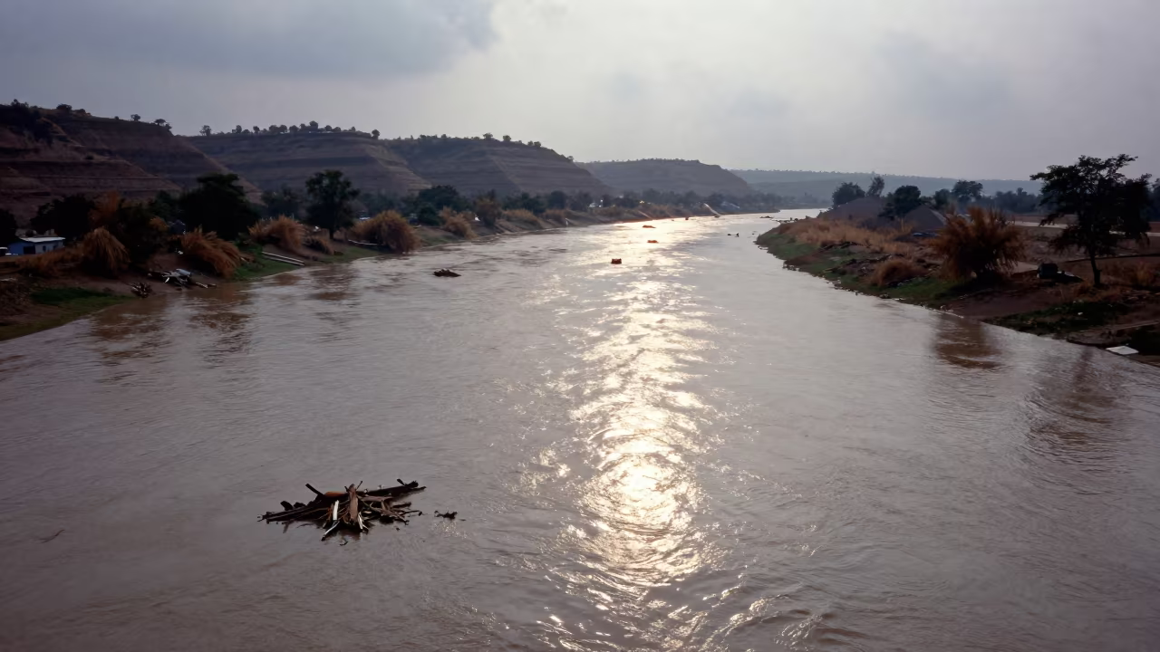 Spring Flood Debris Swollen River Dhaka Ridge in from a ridge above layered foothills near Dhaka