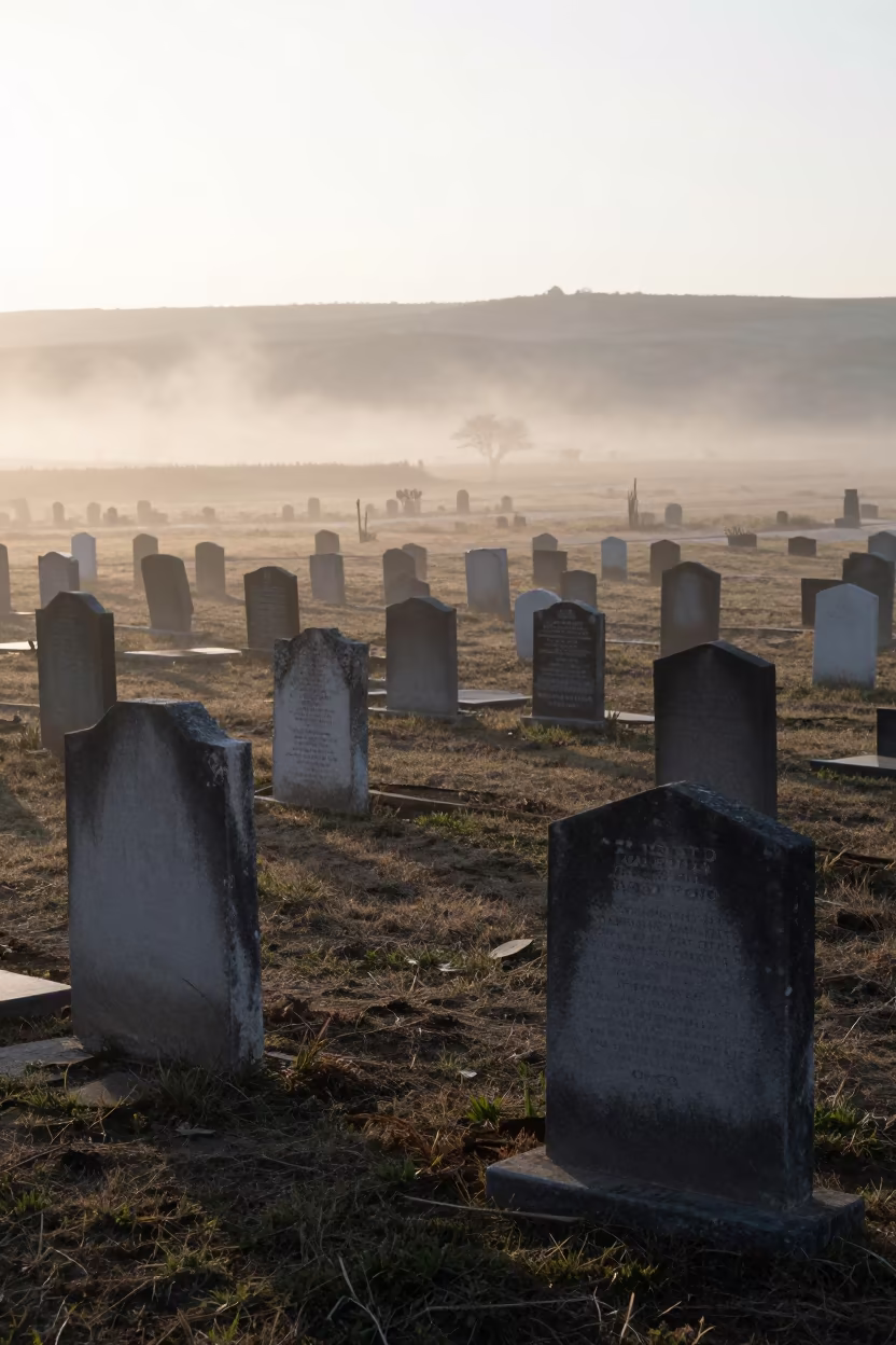 Spring Fog Drifts Over Ancient Cemetery at Dawn in across a storm-bright plain near Kayseri