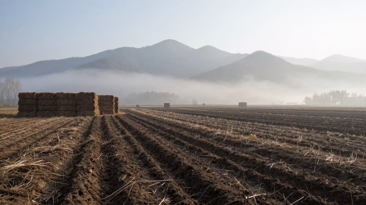 Spring Furrows Beside Hay Bales in Hubei in beside stacked hay bales in Hubei
