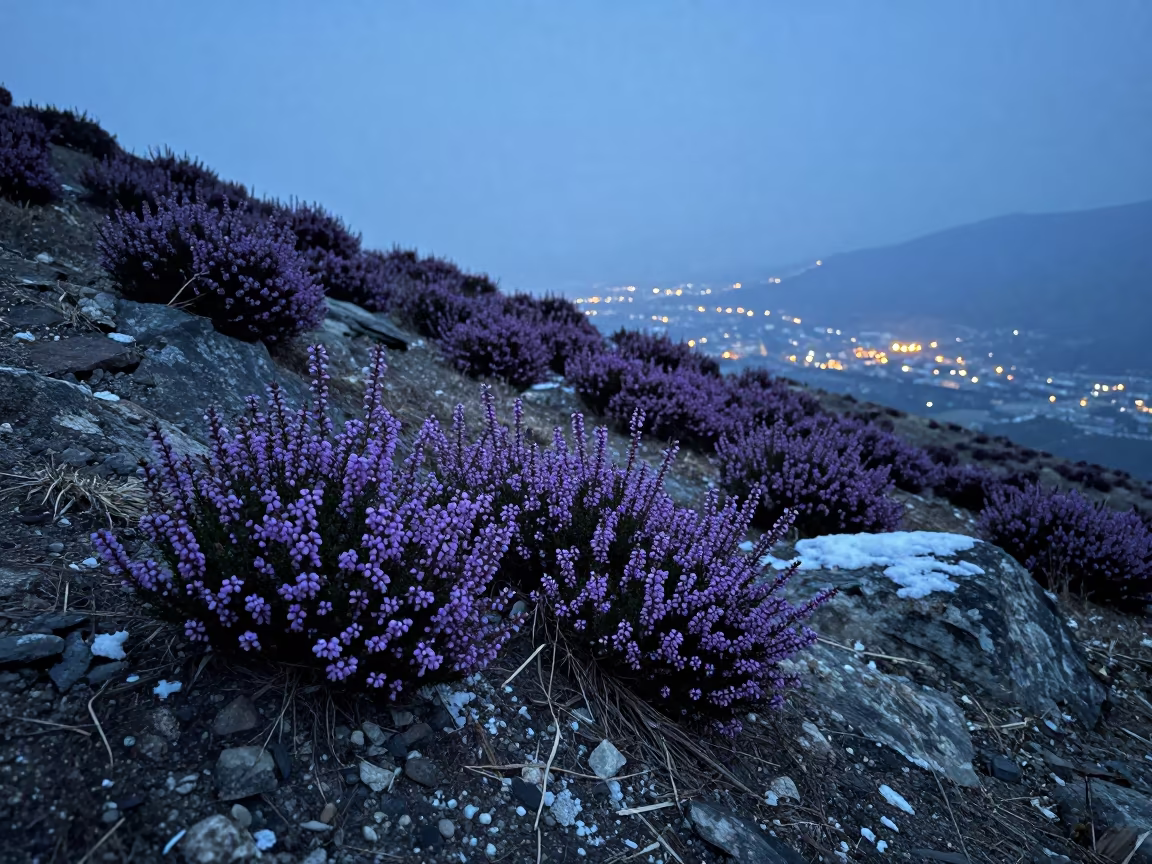 Spring Heather Blooms Under Snow in Himachal in in Himachal Pradesh