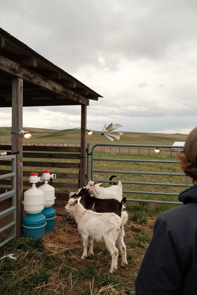 Spring Kidding Shed Alberta Goats Overcast in inside a ranch corral in Alberta