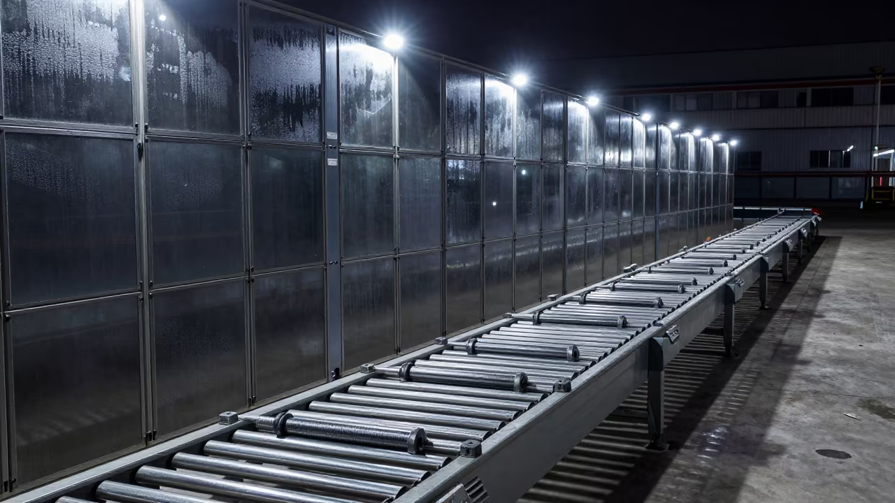Spring Kit on Sorting Belt at Night in at a parcel sorting belt near Tianjin
