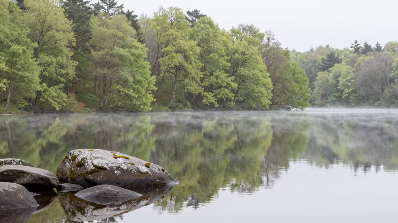 Spring Lake Reflection in Irish Forest Mist in in Ireland