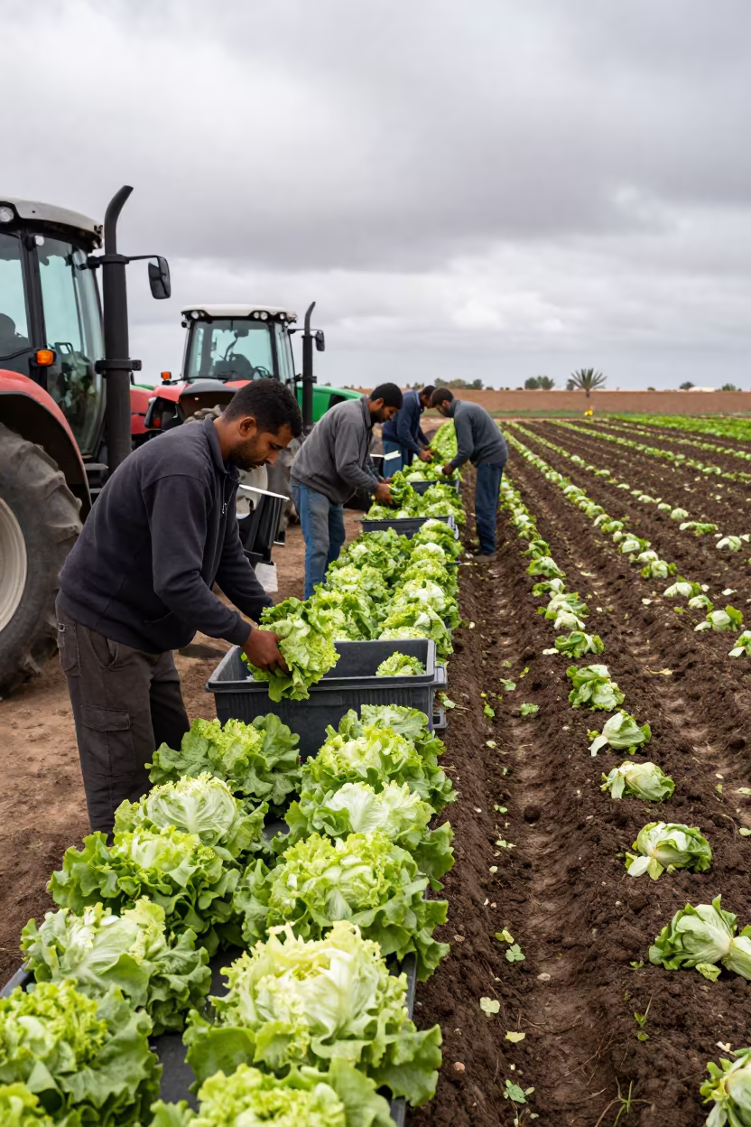 Spring Lettuce Harvest Workers in Berrechid in beside a tractor track through dark soil in Berrechid