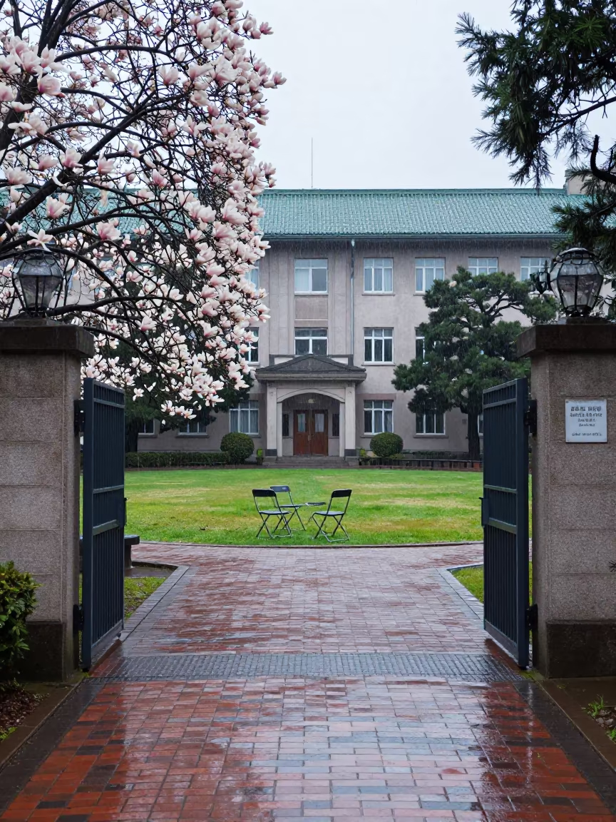 Spring Magnolias at Sendai University Graduation Lawn in on a graduation lawn under folding chairs near Sendai