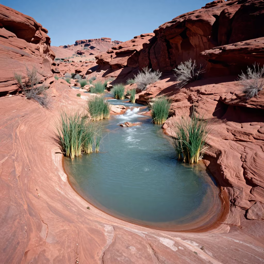Spring Oasis in Nevada Red Desert Canyon in across a wide valley floor in Nevada