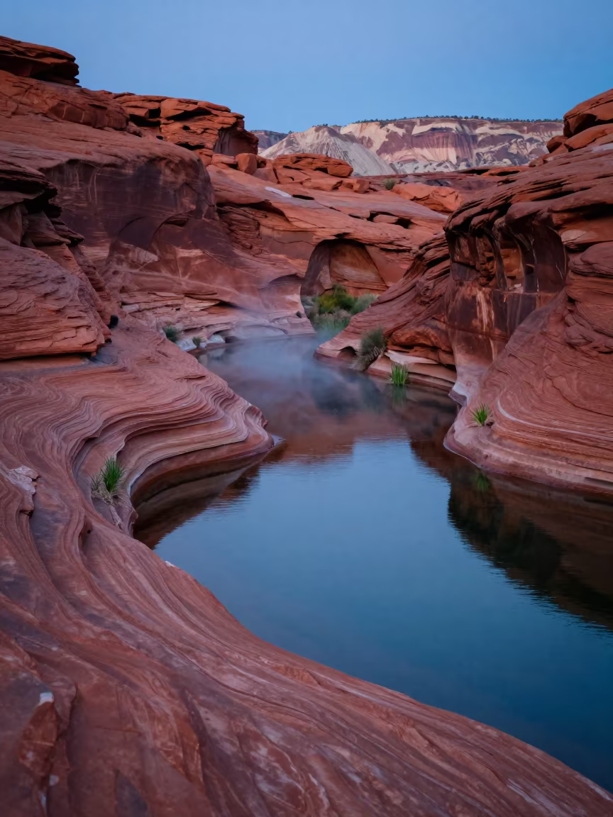 Spring Oasis in Red Desert Canyon Twilight in along a wave-cut shoreline in Nevada