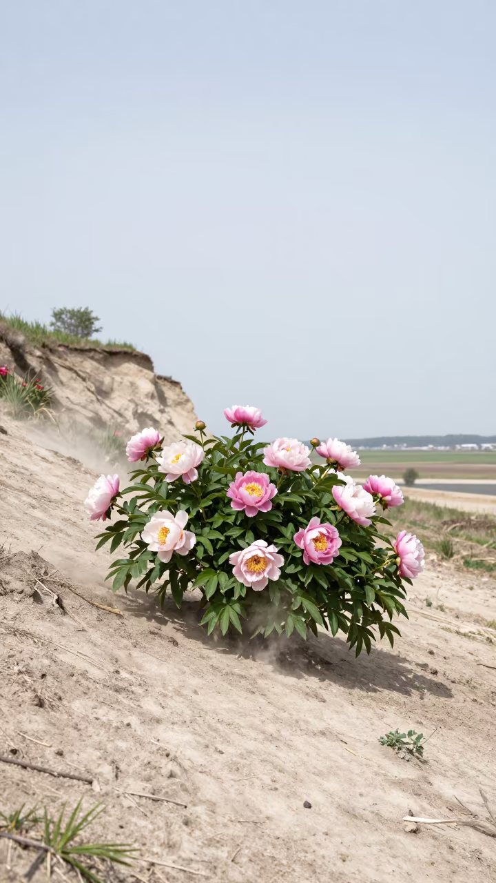 Spring Peonies on German Coastal Cliffs in along a salt-sprayed cliff edge in Germany