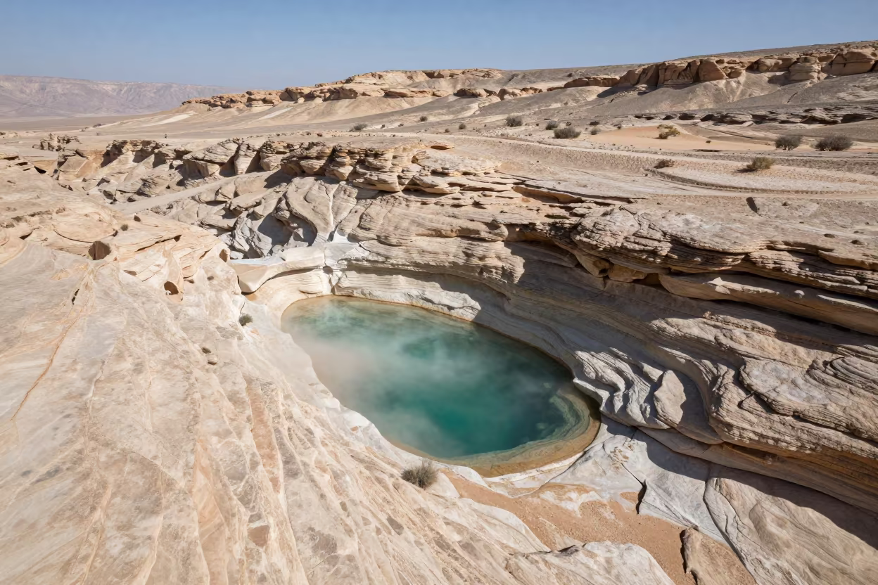 Spring Pool Amidst Layered Jordanian Desert Foothills in from a ridge above layered foothills in Jordan