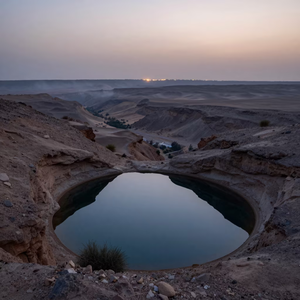 Spring Pool in Saudi Desert Canyon at Dusk in from a ridge above layered foothills in Saudi Arabia