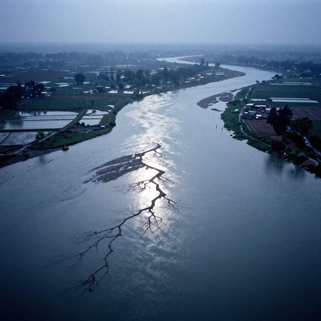 Spring River Delta Valley Pakistan Evening Rain in across a wide valley floor in Pakistan