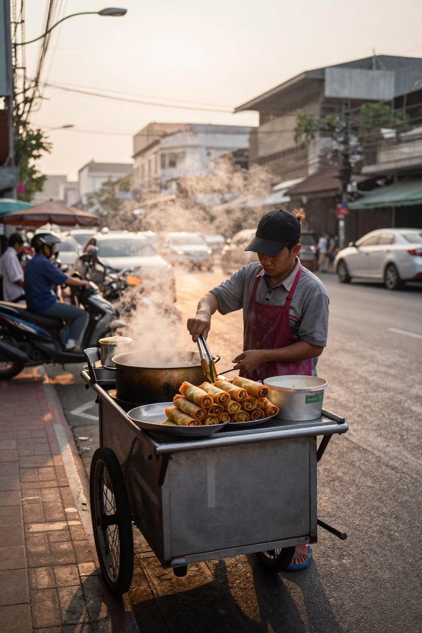Spring Rolls at The Early Evening Light in Bangkok in in Bangkok, Thailand