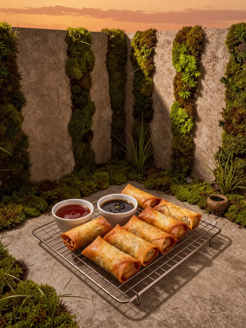 Spring Rolls on Bakery Rack Amidst Sideways Moss in on a bakery cooling rack in Kassala
