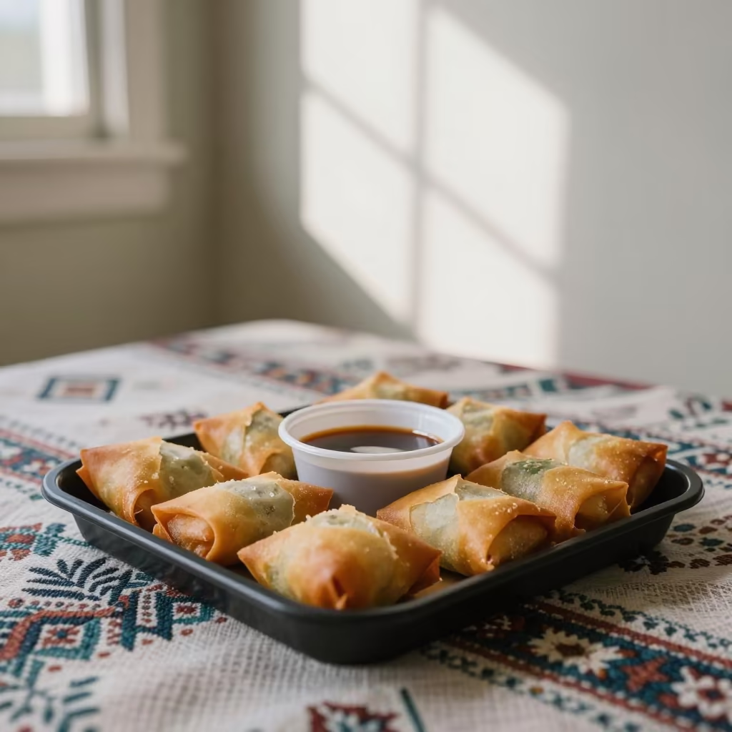 Spring Rolls and Dipping Sauce on Picnic Blanket in on a picnic blanket in Ghazni