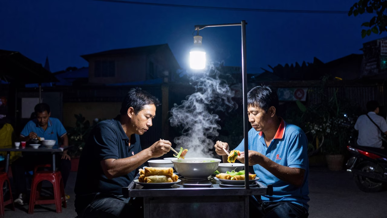 Spring Rolls in Hanoi at The Deepest Night Sky Light in in Hanoi, Vietnam