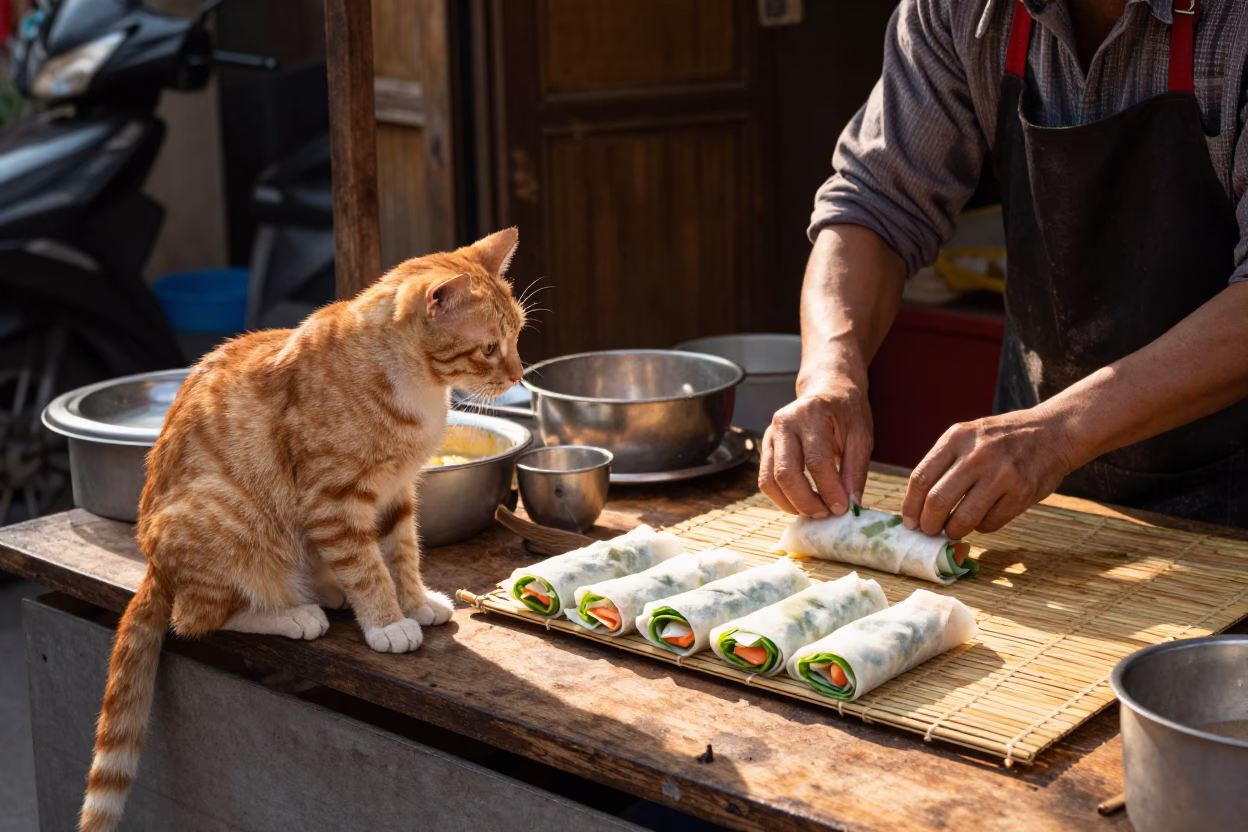 Spring Rolls in Hanoi at The Early Afternoon Light in in Hanoi, Vietnam