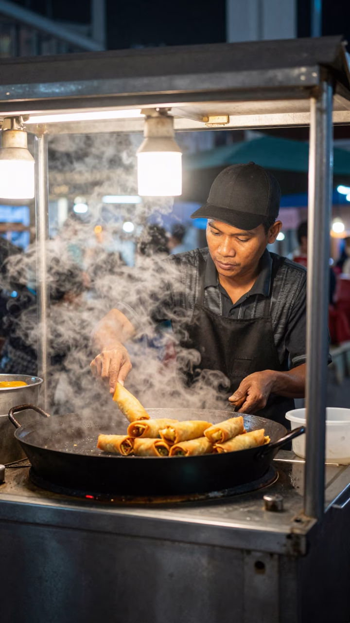 Spring Rolls in Kuala Lumpur at As City Lights Begin To Glow in in Kuala Lumpur, Malaysia