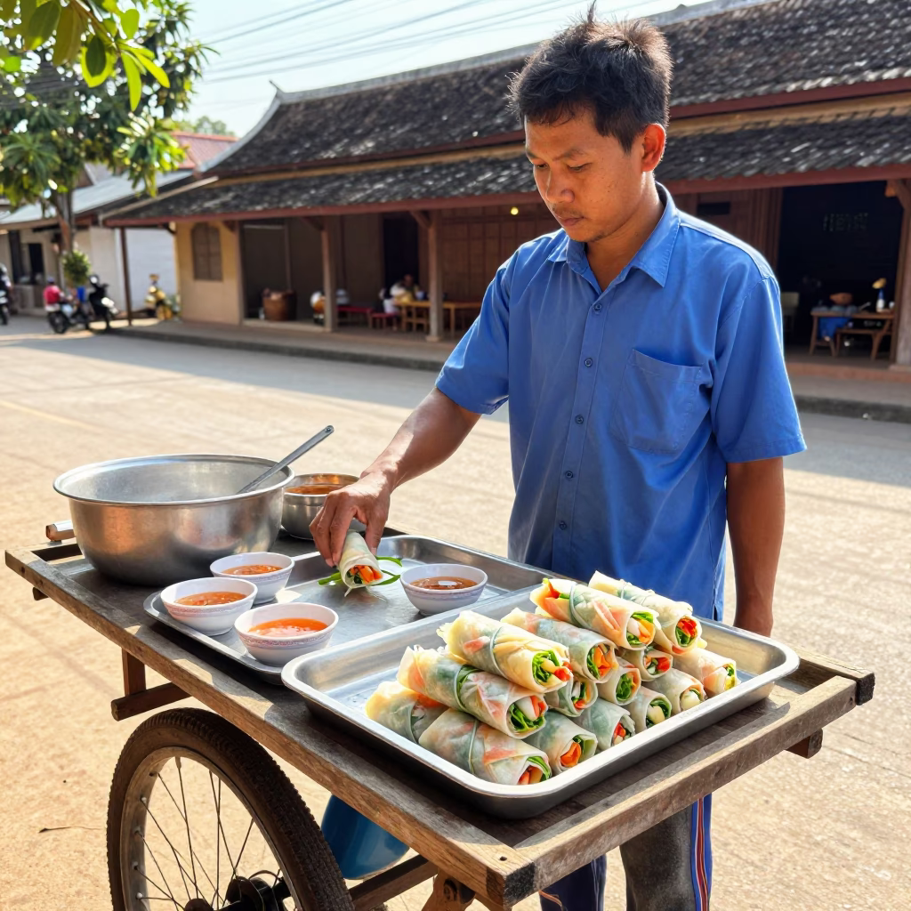 Spring Rolls in Luang Prabang at Bright Midmorning Light in in Luang Prabang, Laos