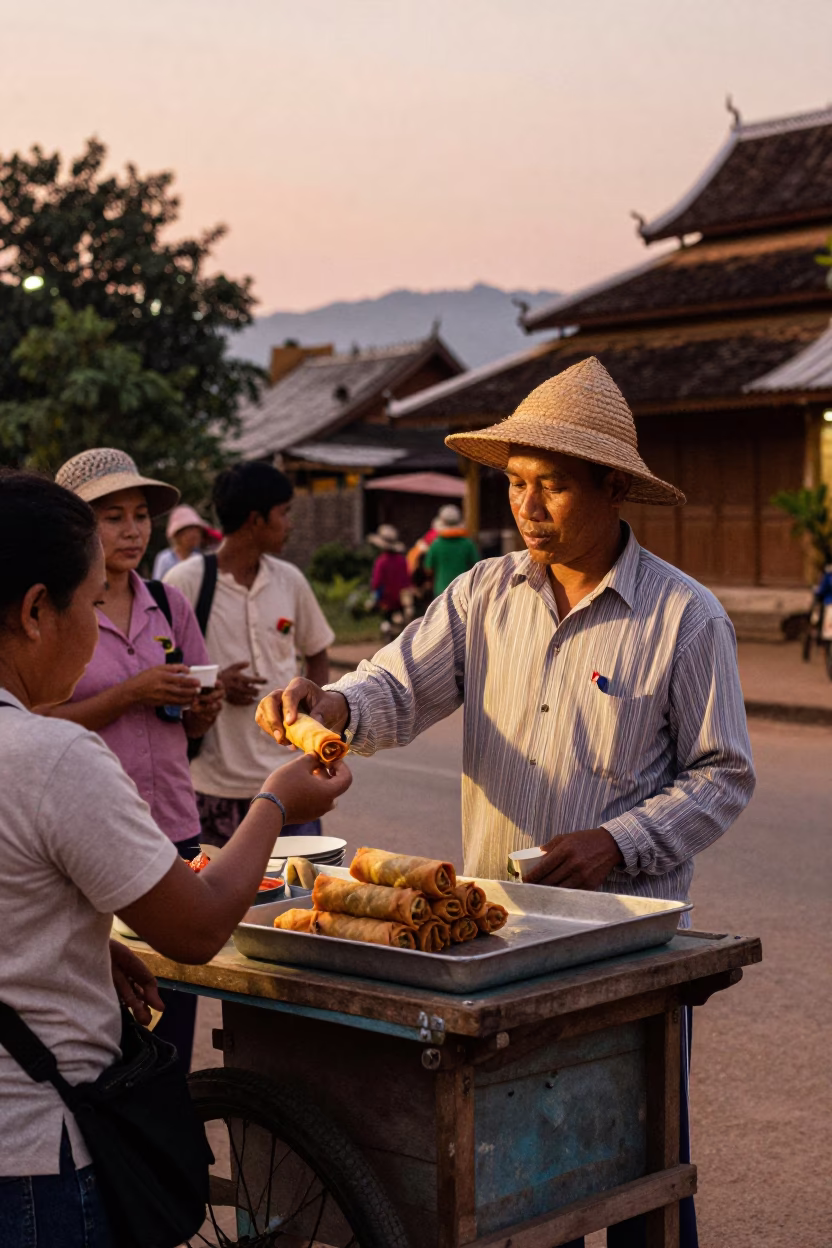 Spring Rolls in Luang Prabang at Copper-toned Light Before Dusk in in Luang Prabang, Laos
