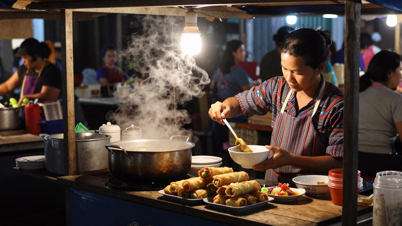 Spring Rolls in Luang Prabang at Midnight Light in in Luang Prabang, Laos