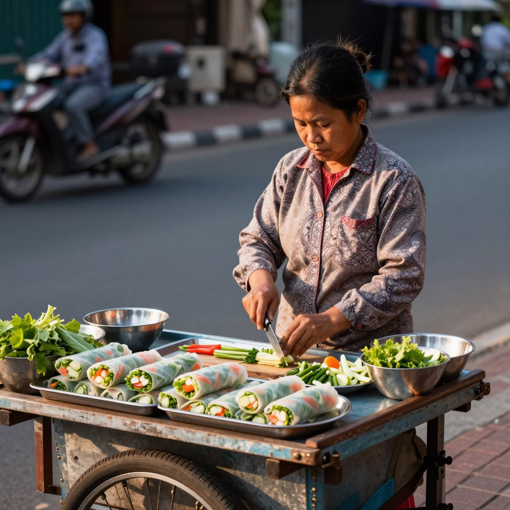 Spring Rolls in Phnom Penh at As First Light Reaches The Scene in in Phnom Penh, Cambodia