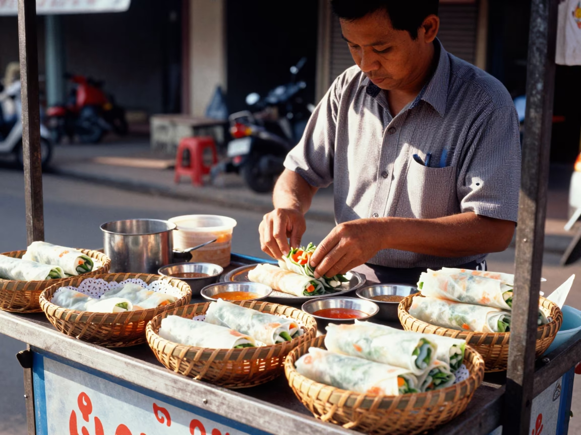 Spring Rolls in Phnom Penh at Bright Midmorning Light in in Phnom Penh, Cambodia