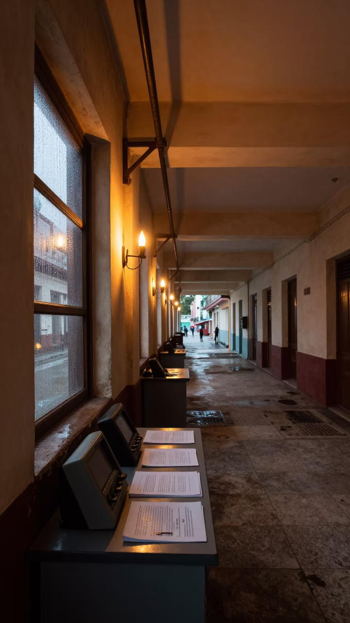Spring Tag Rail Dispatch Office Havana Evening in inside a dispatch office above the dock in Callejon de Hamel, Havana