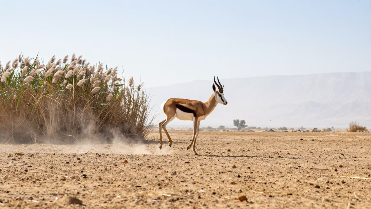 Springbok Pronking at Misty Reed Bed Edge in at the edge of a reed bed in the Dead Sea