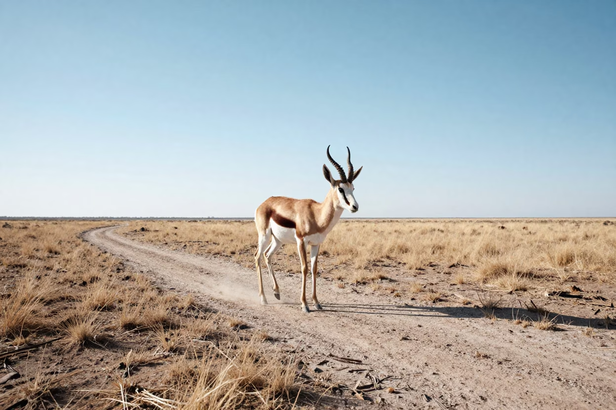 Springbok Pronking Across Namibian Plain Morning Light in along a game trail near Giza