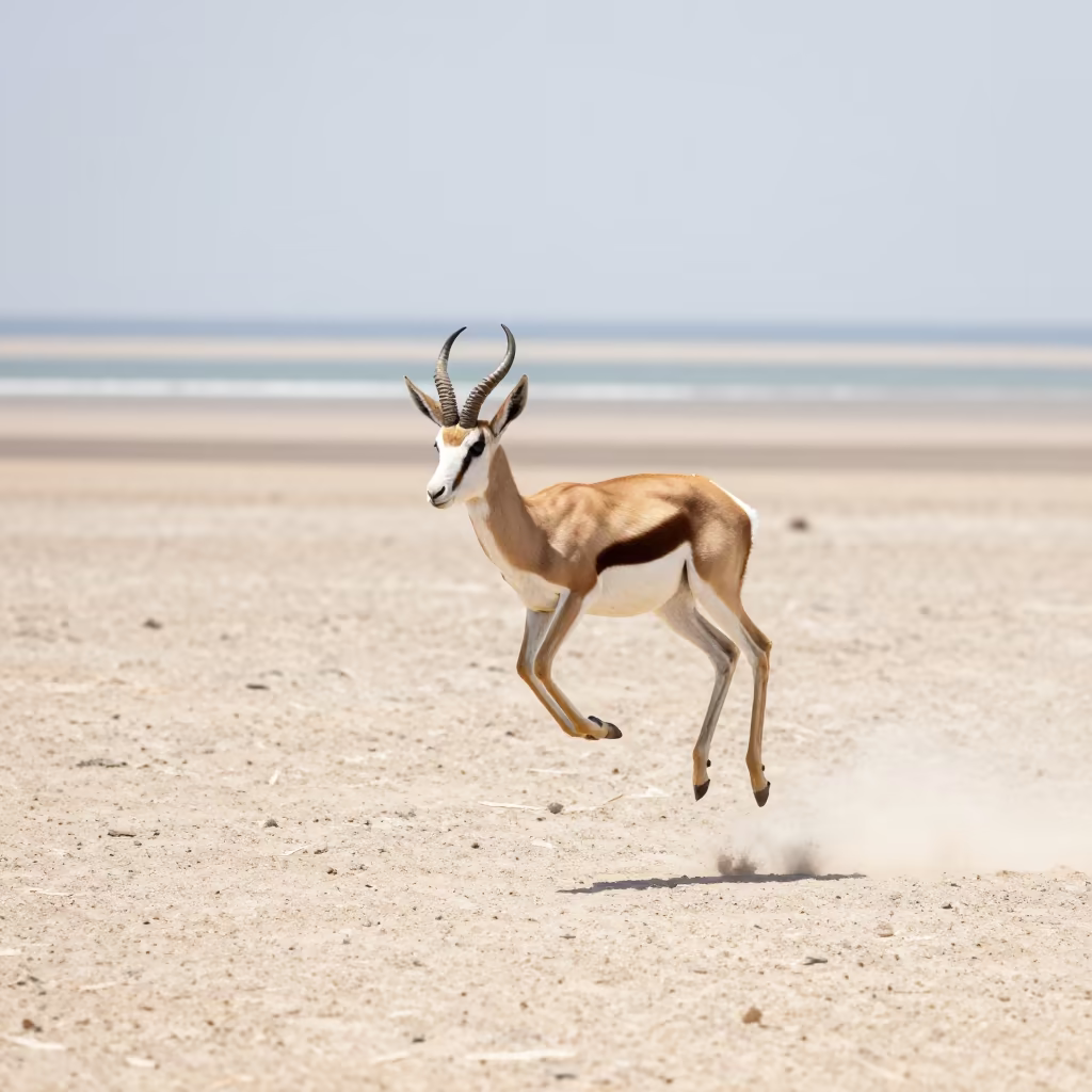 Springbok Pronking on Yemen Tidal Plain in beside a tidal inlet in Yemen