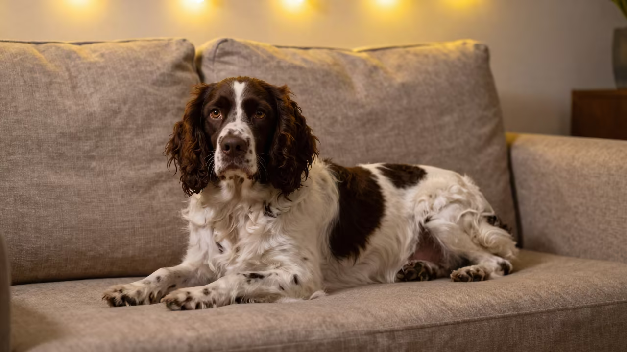 Springer Spaniel on Linen Sofa at Night in on a linen sofa with daylight from a nearby window near Kahramanmaraş