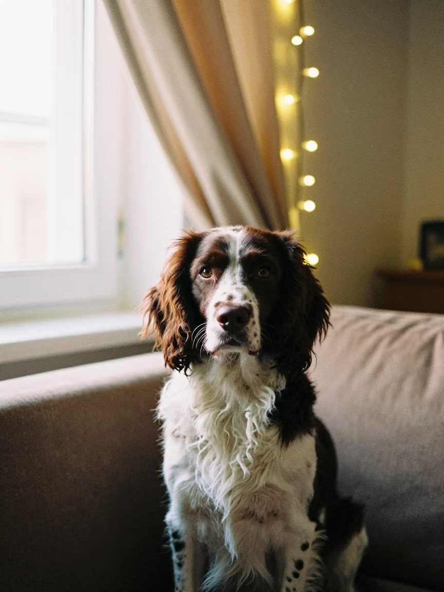 Springer Spaniel Portrait by Window in Yerevan Home in on a sofa near a curtained window with calm indoor light near Yerevan
