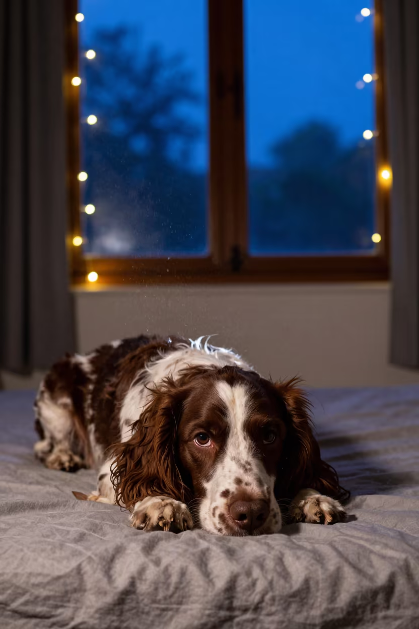 Springer Spaniel Resting by Window in Twilight in on a bedspread near a bright window with calm indoor light in Solapur