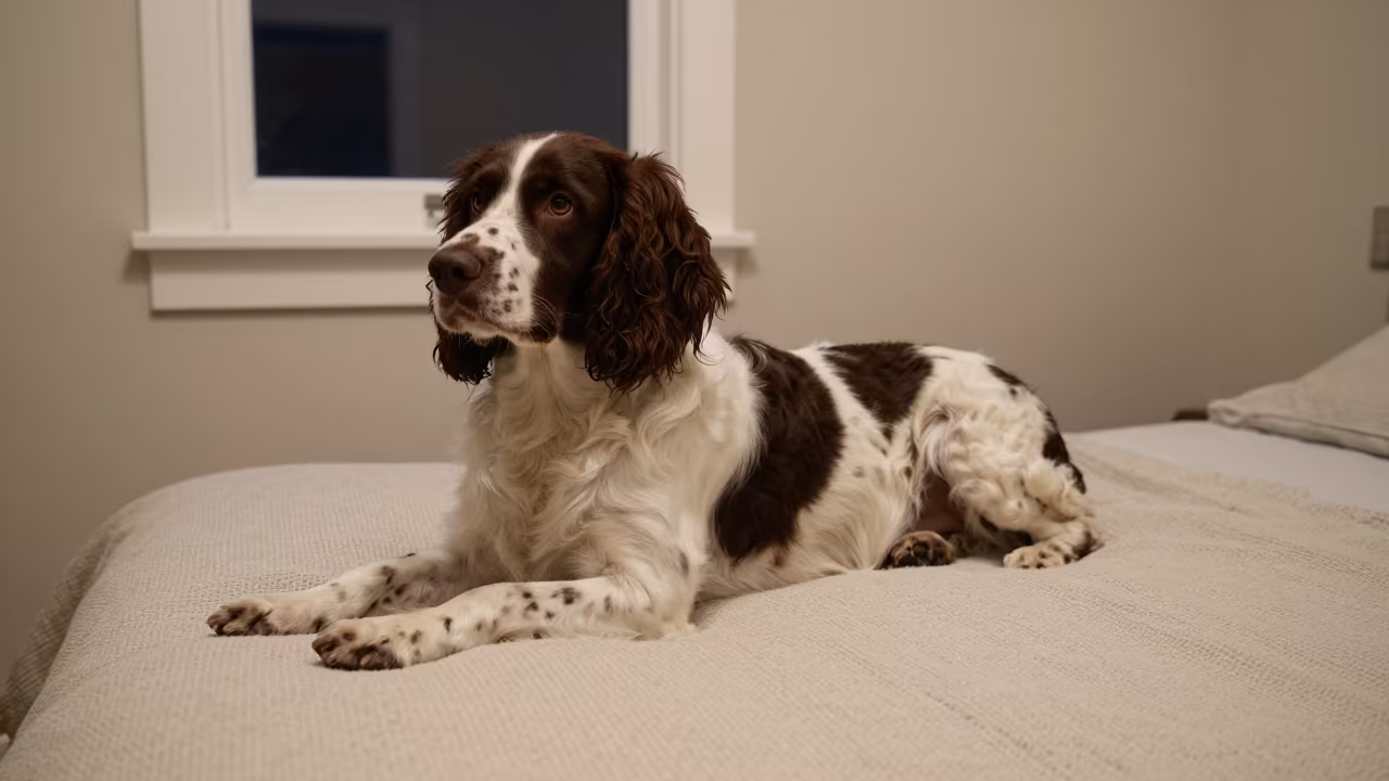 Springer Spaniel Resting on Bedspread Near Window in on a bedspread near a bright window with calm indoor light near Campo Grande
